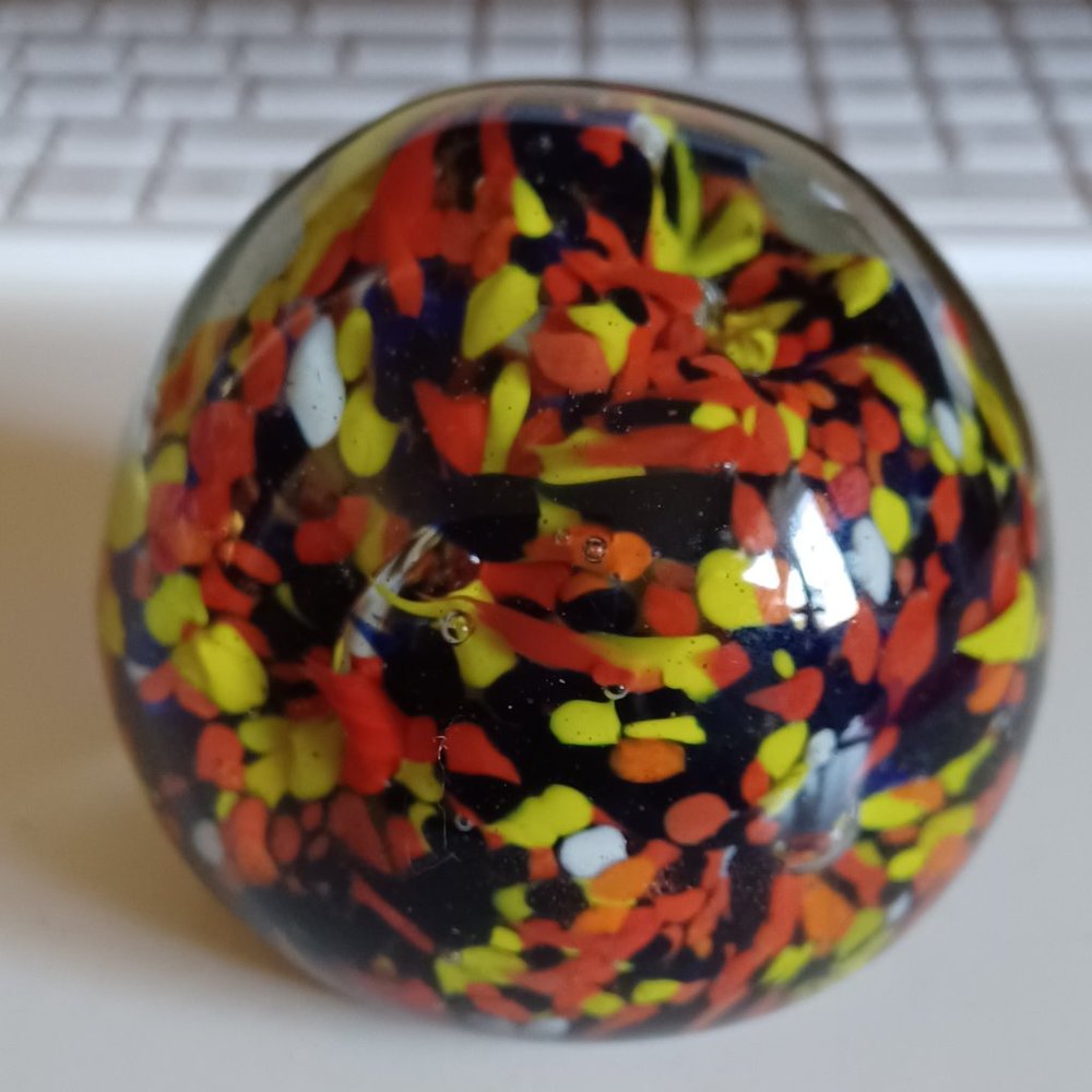 Vintage Glass Paperweight Hand Blown Round Sphere Red Yellow Black White Speckle